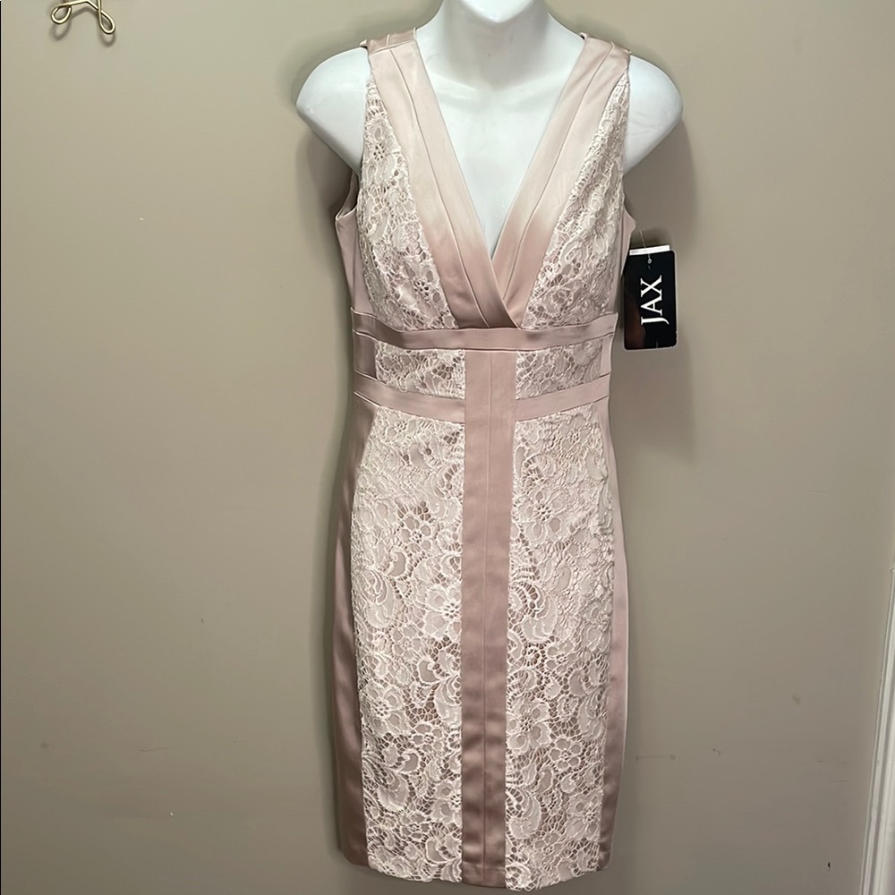 NWT JAX ivory satin and lace sleeveless v neck sheath cocktail dress Size 4